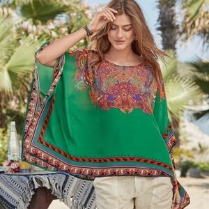 Sundance Sunrise Silky Green Caftan Poncho Top Handkerchief Hem Women's One Size